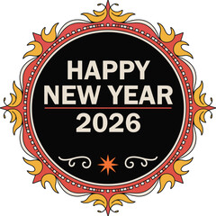 Happy new year 2026 ornate retro round badge illustration in vintage colors and decorative frame element design.