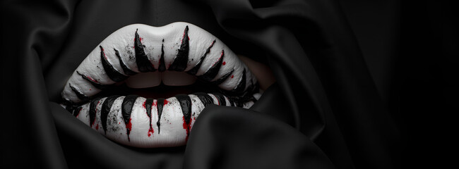 Artistic lips with black and red design on dark fabric background  