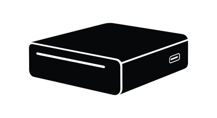 A simple black silhouette of a compact electronic device with a usb port and a slot on a white background