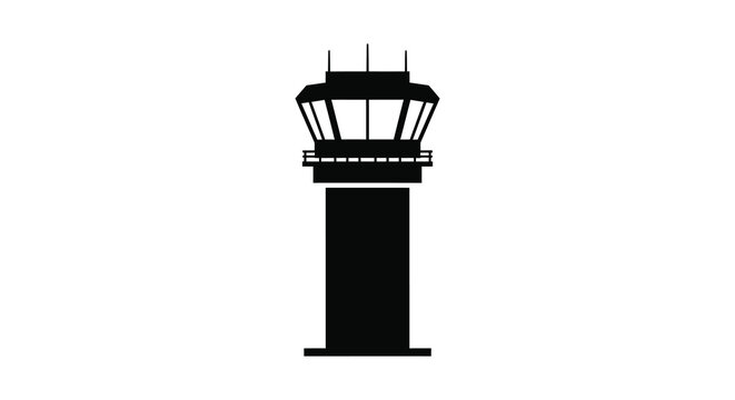 Isolated black silhouette of an airport control tower on a white background representing aviation and air traffic management silhouette