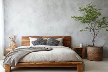 Cozy bedroom features a wooden bed with textured pillows and a draped blanket.