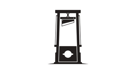A stark black silhouette of a guillotine stands against a white background representing historical execution and justice silhouette