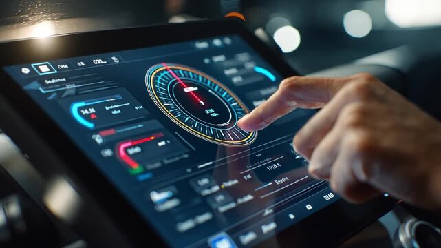 Digital Interface and Interaction: A person's hand interacts with a cutting-edge digital interface, featuring a complex display of data and controls, symbolizing modern technology and interaction.
