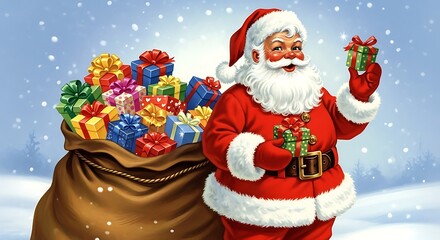 Santa claus holding a small gift with a bag full of gifts on a snowy background on christmas