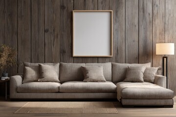 Cozy sectional sofa with blank frame and floor lamp against wood paneling.
