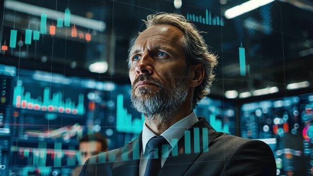 Stock Market Executive: A determined executive, with a thoughtful gaze, immersed in the complexities of the stock market. In the background.