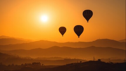 Silhouetted hot air balloons against a vibrant sunrise or sunset sky with gradient colors from warm yellow to deep orang