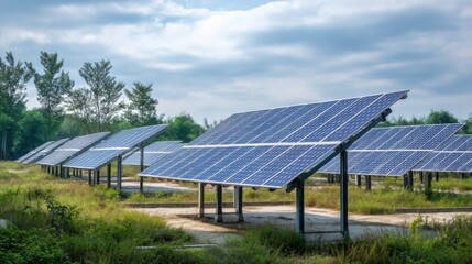 A row of photovoltaic solar panels arranged neatly in a solar farm, tilted to capture sunlight efficiently,