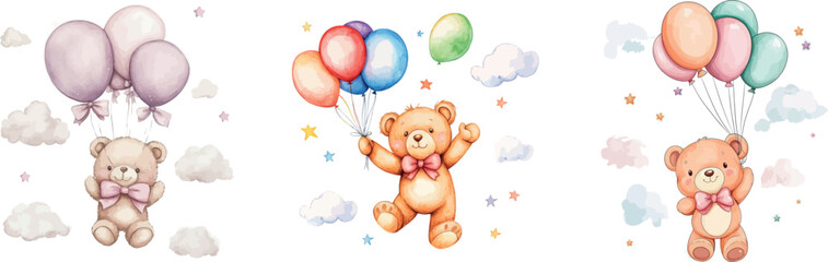 Cute teddy bear flying with balloons is the subject of a watercolor illustration