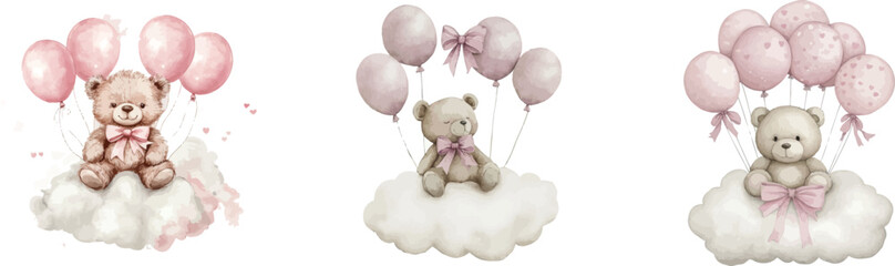 A watercolor illustration shows a cute teddy bear perched on a cloud with a trio of balloons nearby