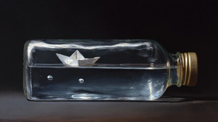 An empty glass bottle with a golden metal cap lies on a wooden surface,