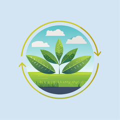 Illustrated Green Plant with Three Leaves in a Circular Ecosystem.