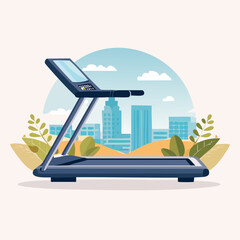 Modern Blue Treadmill Illustration with Digital Display and Handles Fitness Equipment.
