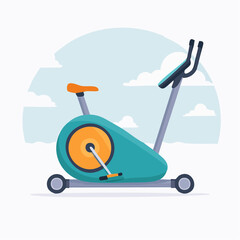 Teal and Orange Stationary Exercise Bike with Wheels Illustration.