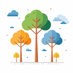 Stylized Trees with Green Orange and Blue Foliage in Flat Vector Illustration.