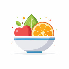 Colorful Illustration of a Fruit Bowl with Apple Orange and Leaf.