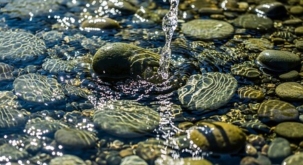 Clear water flowing over smooth river stones.