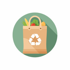 EcoFriendly Paper Bag with Groceries and Recycle Symbol Illustration.