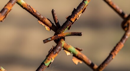 Close-up of rusty barbed wire fence with peeling paint and a blurred background.