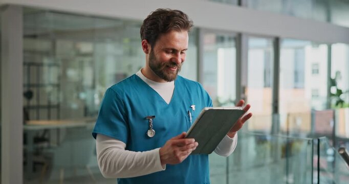 Healthcare, man and nurse in hospital with tablet, report and reading for illness and wellness. Smile, medical service and person in lobby for clinical trial, technology or schedule for information
