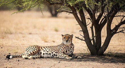 Cheetah resting under a tree in the African savanna.