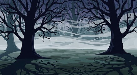 Eerie Night Landscape with Gnarled Trees and Mist.