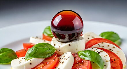Innovative Molecular Gastronomy Balsamic Sphere on Vibrant Fresh Caprese Salad Dish
