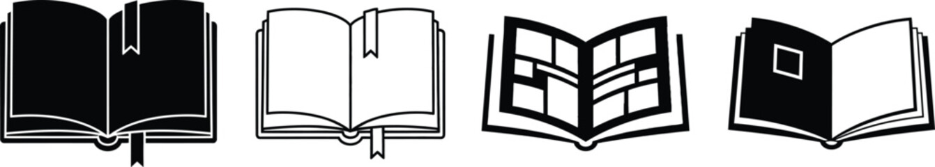 Collection of four stylized open and closed books in black and white silhouette vector art