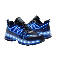 Futuristic illuminated sneakers with bright blue neon lights glowing at night