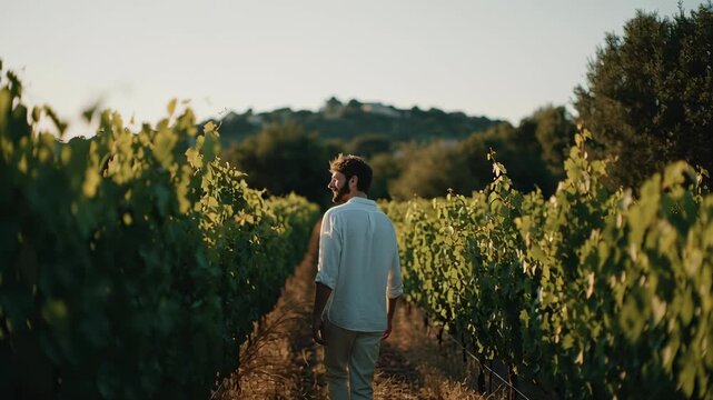 Man walking through lush vineyard at sunset. Cinematic back view of solitary stroll along vine rows with hills. Rural nature exploration footage. video footage video footage