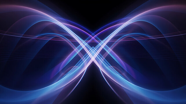 Abstract blue and purple glowing light trails forming an x shape on a black background