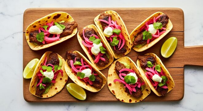 Mughal Inspired Tacos with Tender Lamb Pasanda and Tangy Pickled Onions on a Board