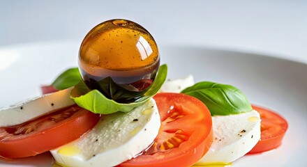 Molecular Gastronomy Sphere of Balsamic Vinegar Bursting on Fresh Caprese Salad