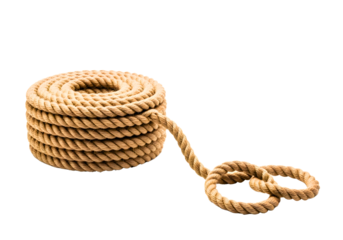 Thick natural fiber rope coiled with two loops isolated on transparent background