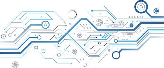 Abstract blue and grey circuit board pattern on a white background representing technology and connectivity.