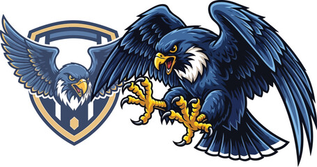 Cartoon falcon attacking, with shield emblem, mascot illustration