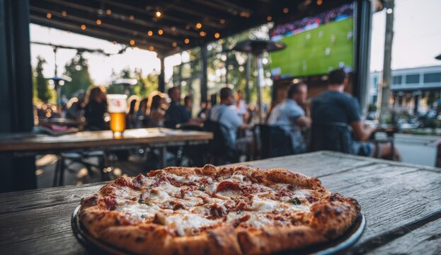 Close-up of a delicious pizza on a wooden table in a lively outdoor restaurant