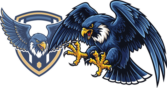 Cartoon falcon attacking, with shield emblem, mascot illustration