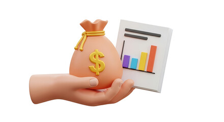 Hand holding money bag and financial chart symbolizing investment growth