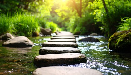 Stepping Stones Path Through Serene Forest Stream with Tranquil Nature Scene, and Sunny Day.