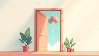 Symbolic farewell vector illustration with an open office door, colorful balloons floating out, gift box and potted plant near doorway, soft light, flat pastel design