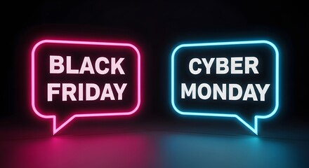 Neon signs in speech bubbles saying black friday and cyber monday glowing in pink and blue against a dark background, representing online shopping sales events