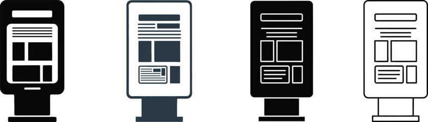 Set of four vertical advertising display stands or kiosks in black and white silhouette and outline styles © abu sharif