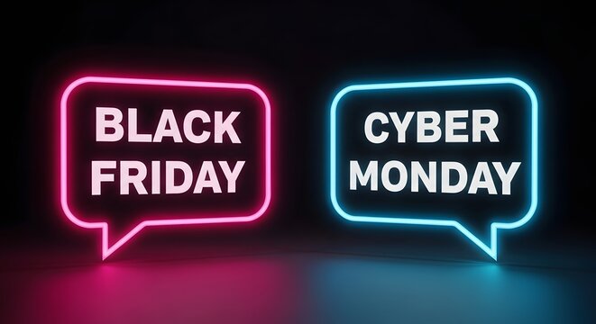 Neon signs in speech bubbles saying black friday and cyber monday glowing in pink and blue against a dark background, representing online shopping sales events - Powered by Adobe