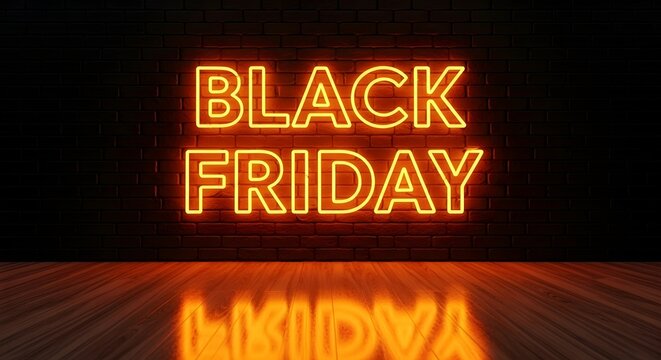 Black friday neon sign glowing in the dark, reflecting on a wooden floor, representing shopping and sales