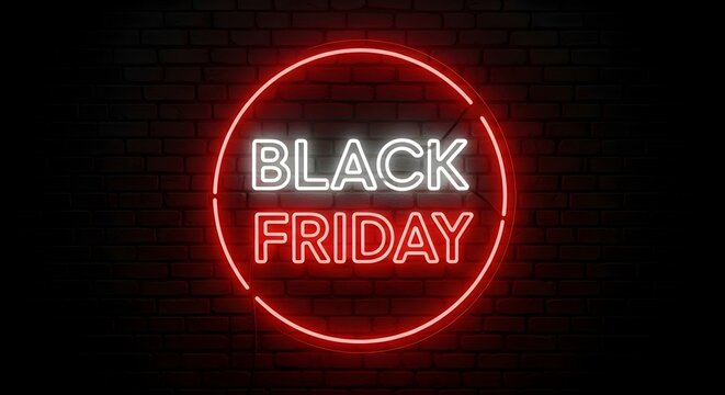 Black friday neon sign glowing in red and white inside a red circle against a dark brick wall background, representing shopping and sales