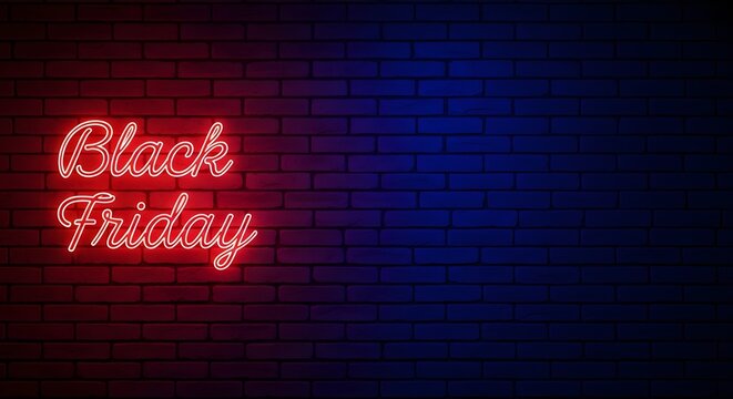 Red neon sign that says black friday glowing on a dark brick wall with blue and red lighting, creating a dramatic and festive atmosphere for holiday shopping and sales