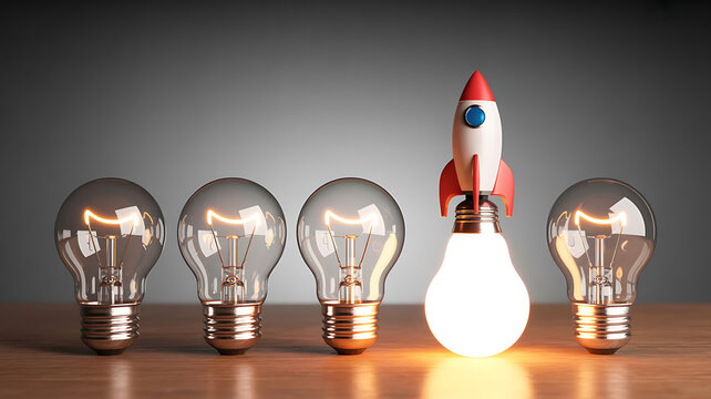 A rocket ship light bulb stands out among ordinary light bulbs
