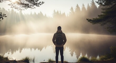 Man with backpack standing by a misty lake at sunrise, surrounded by a serene forest landscape.