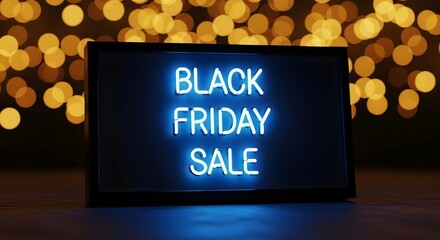 Illuminated neon sign displaying black friday sale in blue against a dark background with bokeh lights, perfect for advertising seasonal discounts and promotions
